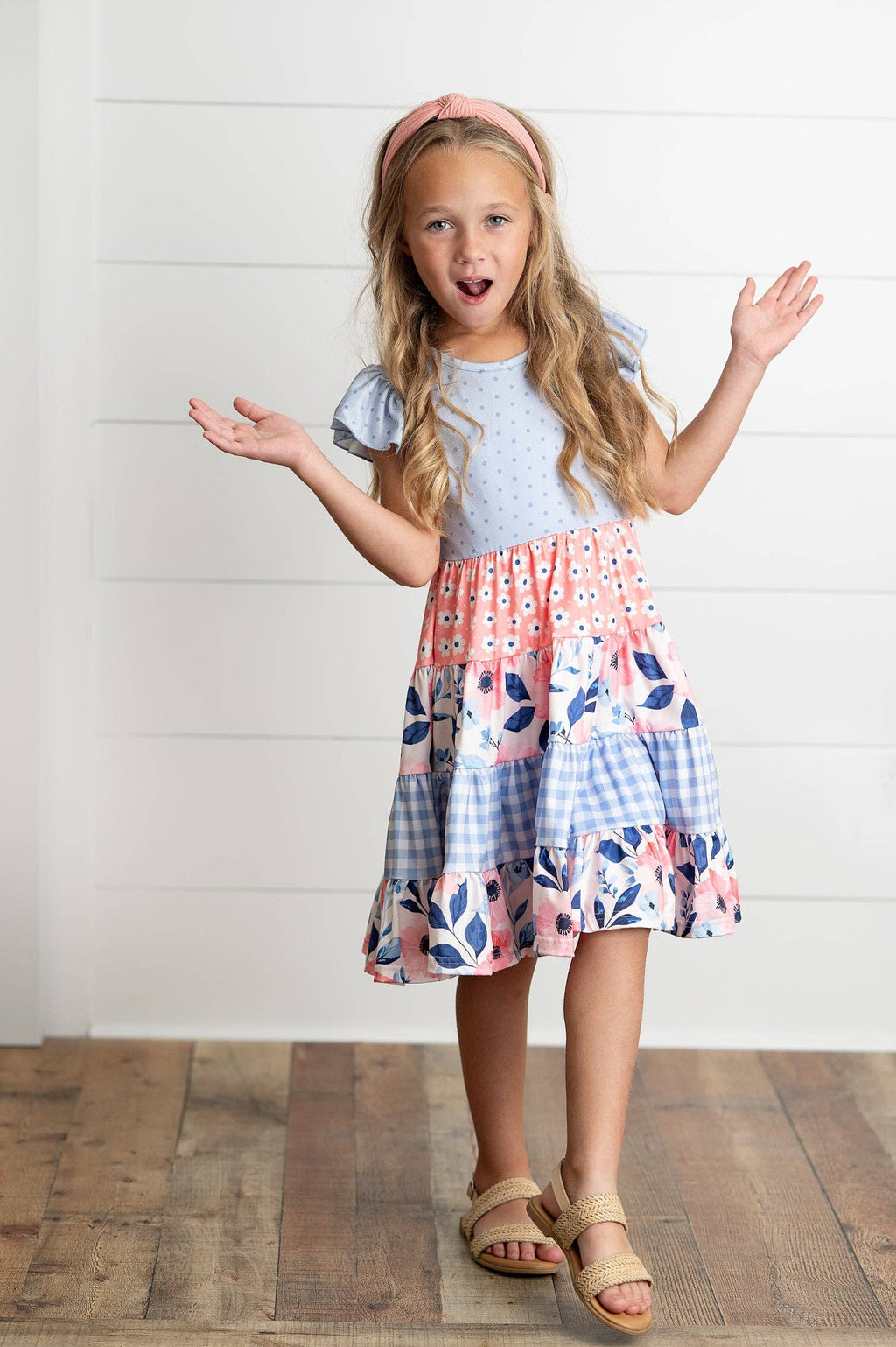 Girls Ava Periwinkle Floral Checkered Spring Tiered Dress