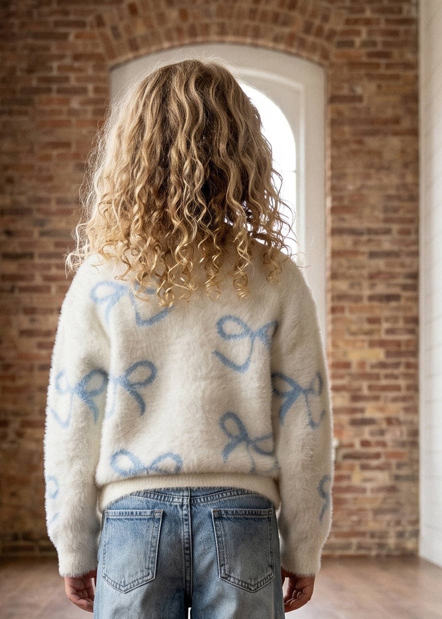 Girls Fall Winter White and Blue Ribbon Bow Sweater