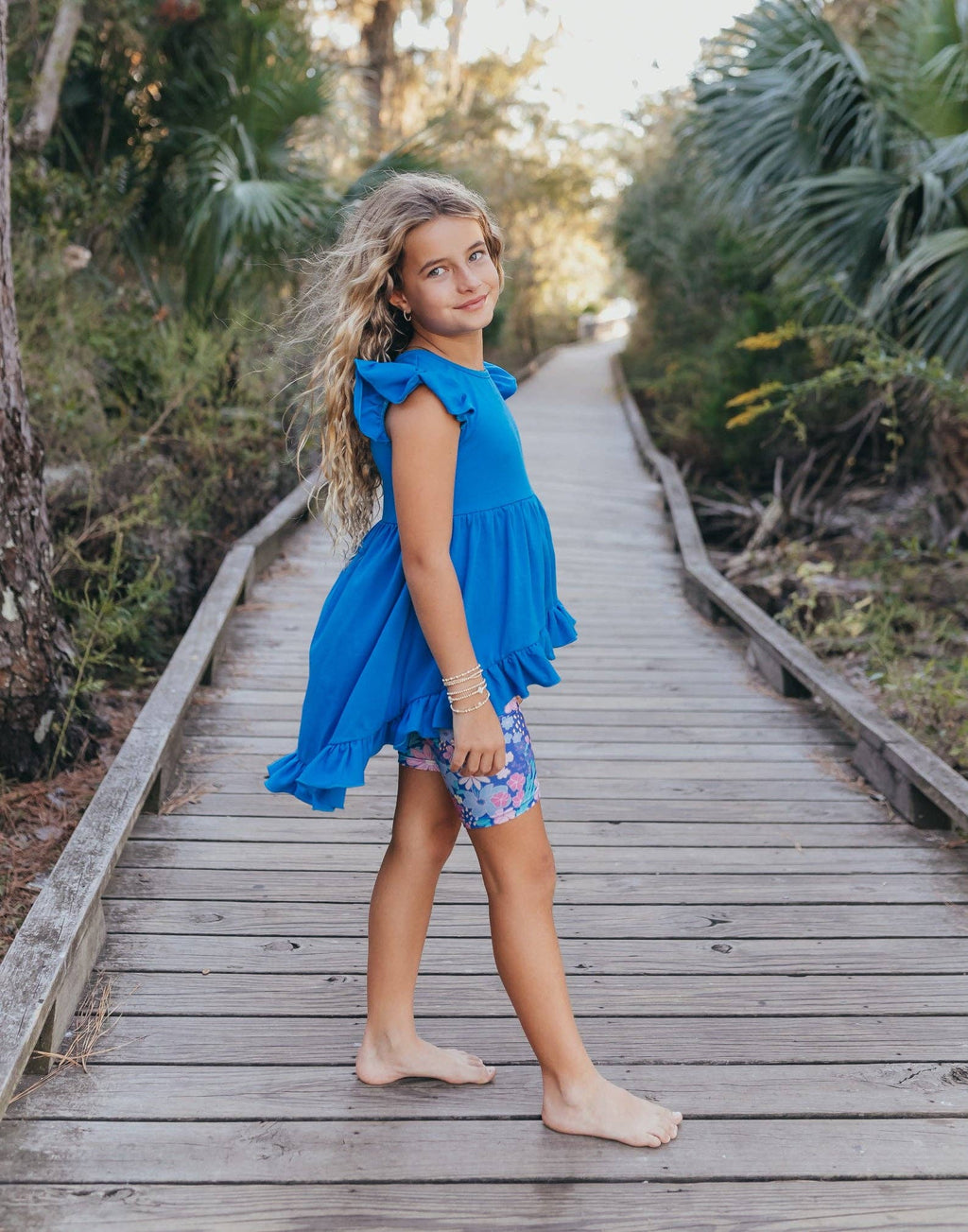 Girls Bright Blue Floral Spring Summer Hi-Lo Short Set