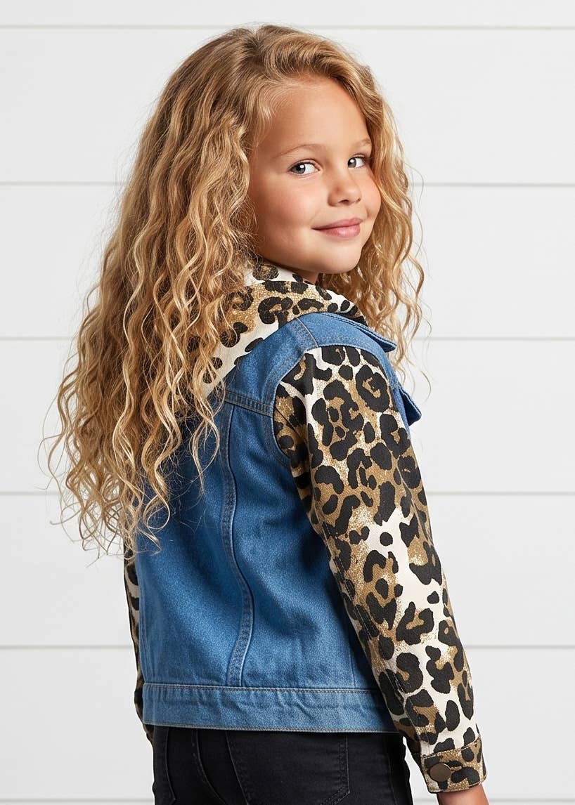Girls Kids Leopard & Denim Fall Winter Jean Denim Jacket