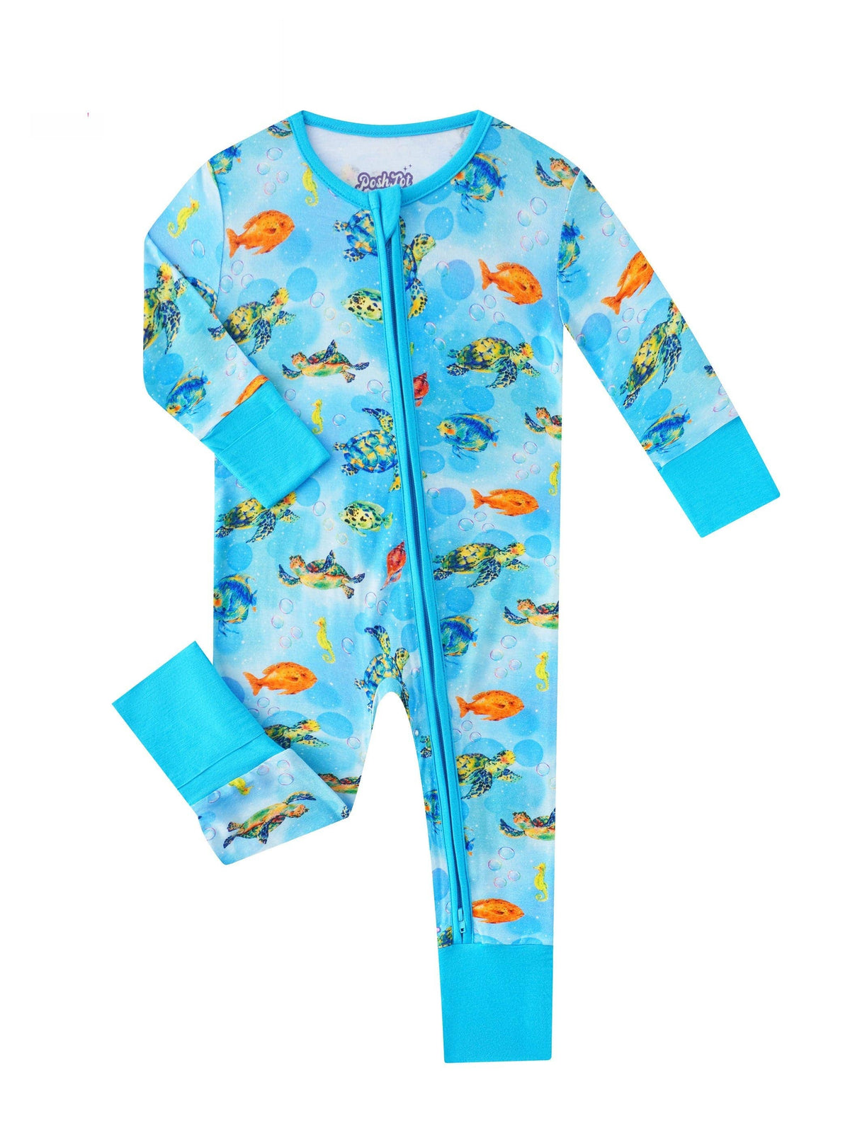 PoshTOT Sea Turtle Bamboo Baby Convertible Zippy Romper