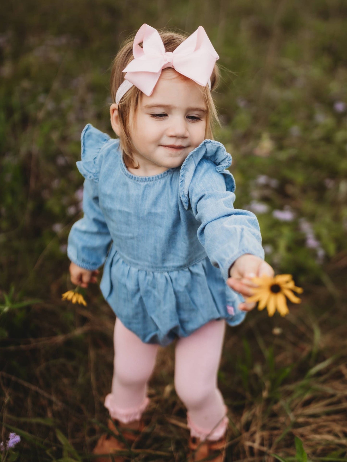 Baby Girls Light Wash Long Sleeve Flutter Bubble Romper