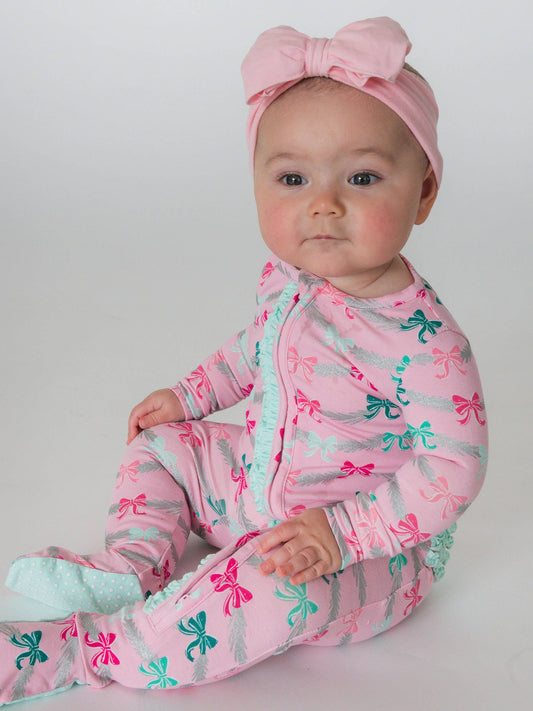 SoftSnooze™ Baby Girls Cotton Modal Sparkle Pink Tinsel Tidings Footed Ruffle One Piece Pajama