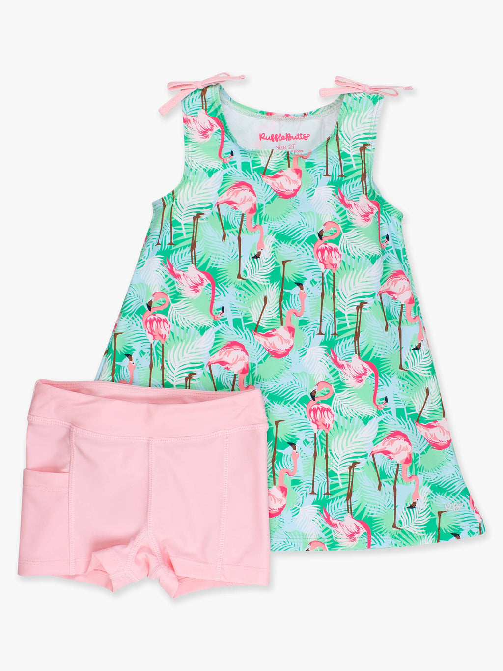 Girls Green Vibrant Flamingo Active A-Line Bow Dress & Bike Short Set