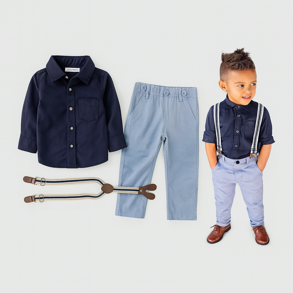 Blue Little Boy Button Down Shirt, Suspender Straps & Pants