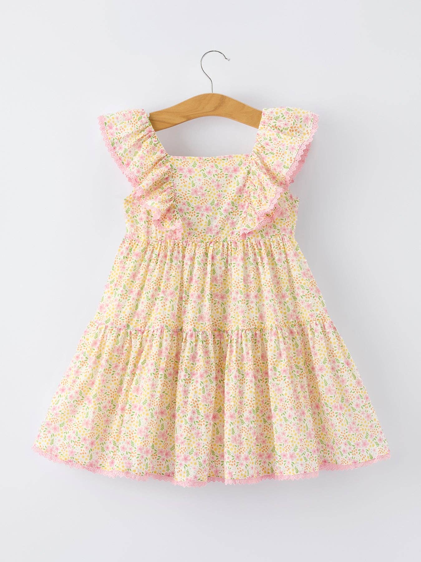 Spring Floral Girls Ruffle Dress With Bow Straw Hat Set
