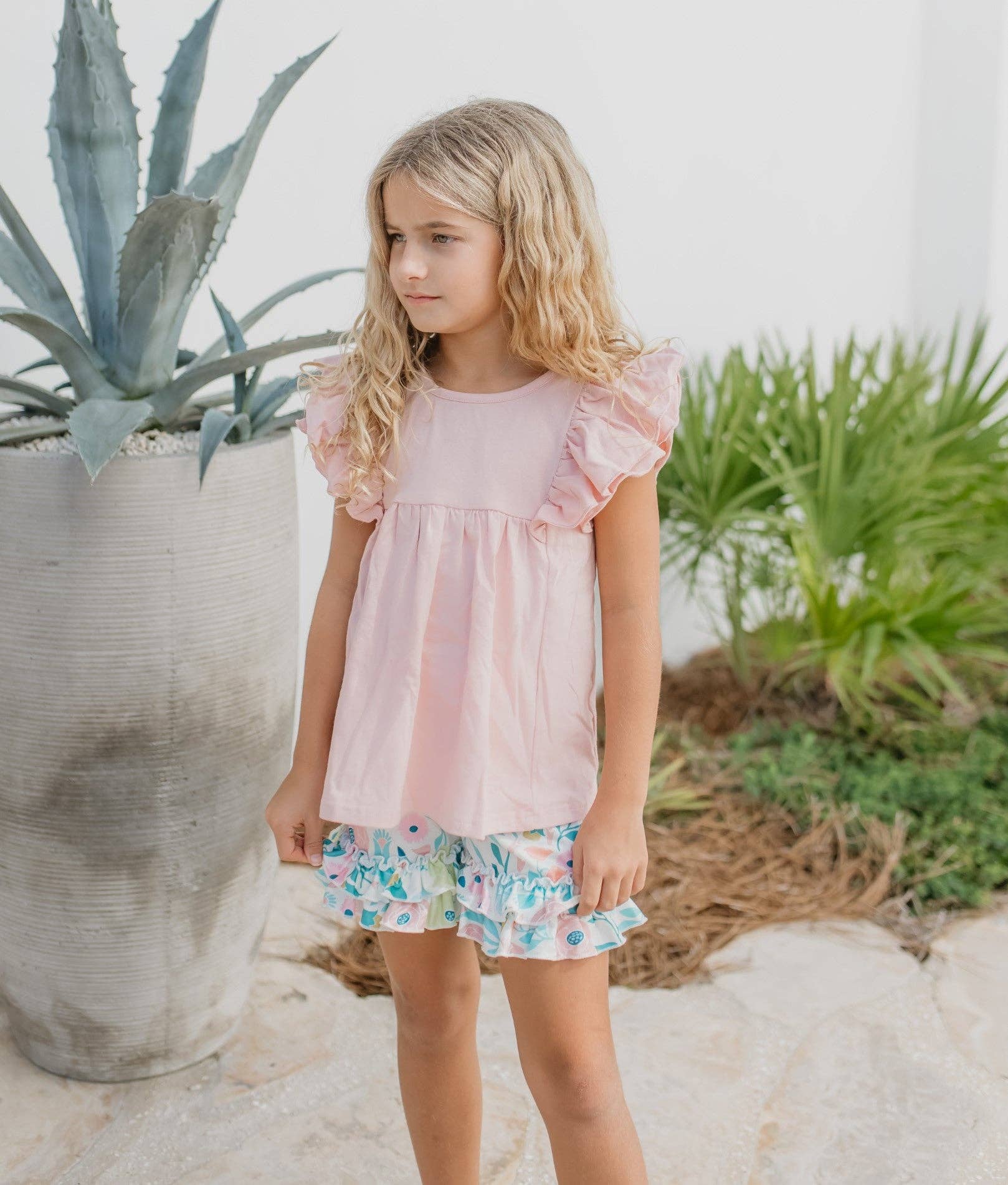 Girls Blush Pink Ruffles Pastel Spring Floral Short Set