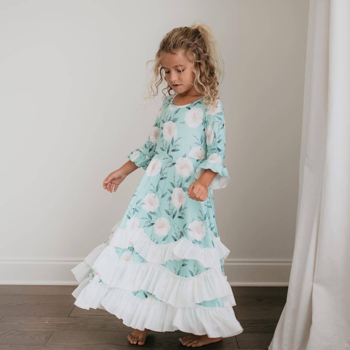 Kids Winter Mint Floral Long Sleeve Fall Ruffles Dress