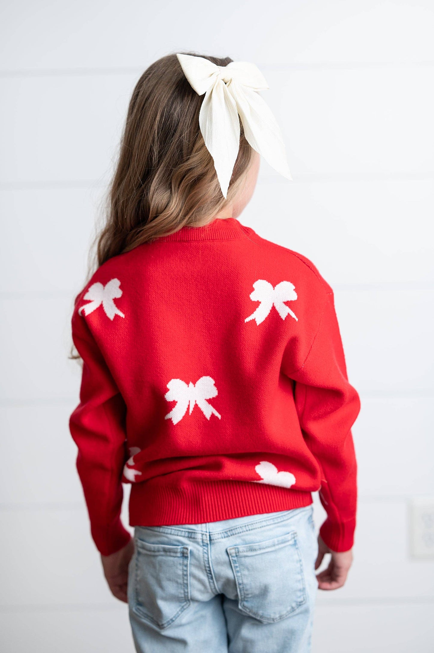 Kids Red Bow Crew Neck Christmas Holiday Winter Sweater