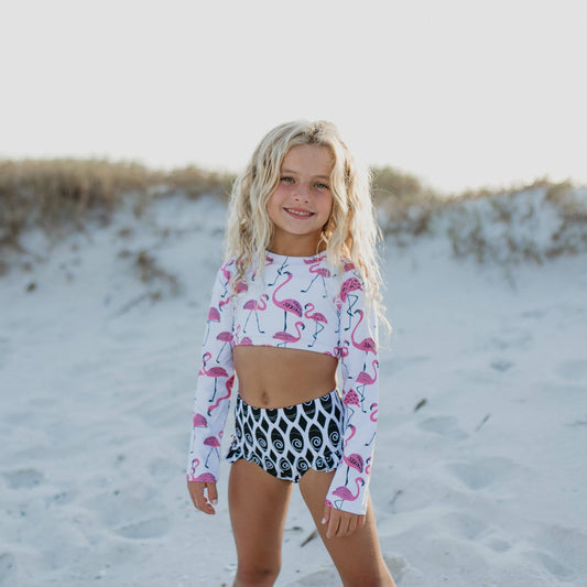 Kids Pink & Black Flamingo 2 Piece Rash Guard Swimsuit