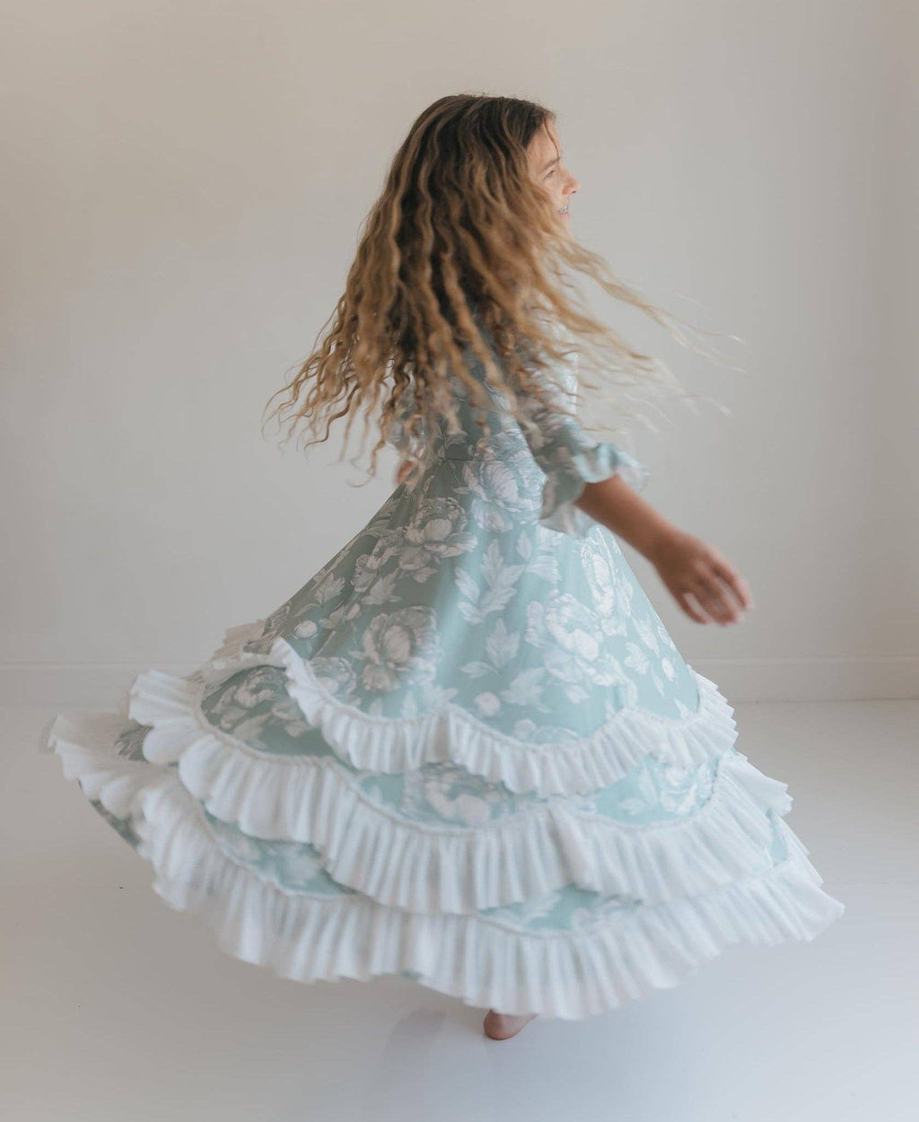 Girls Bella Soft Sage & Winter White Twirl Ruffles Dress