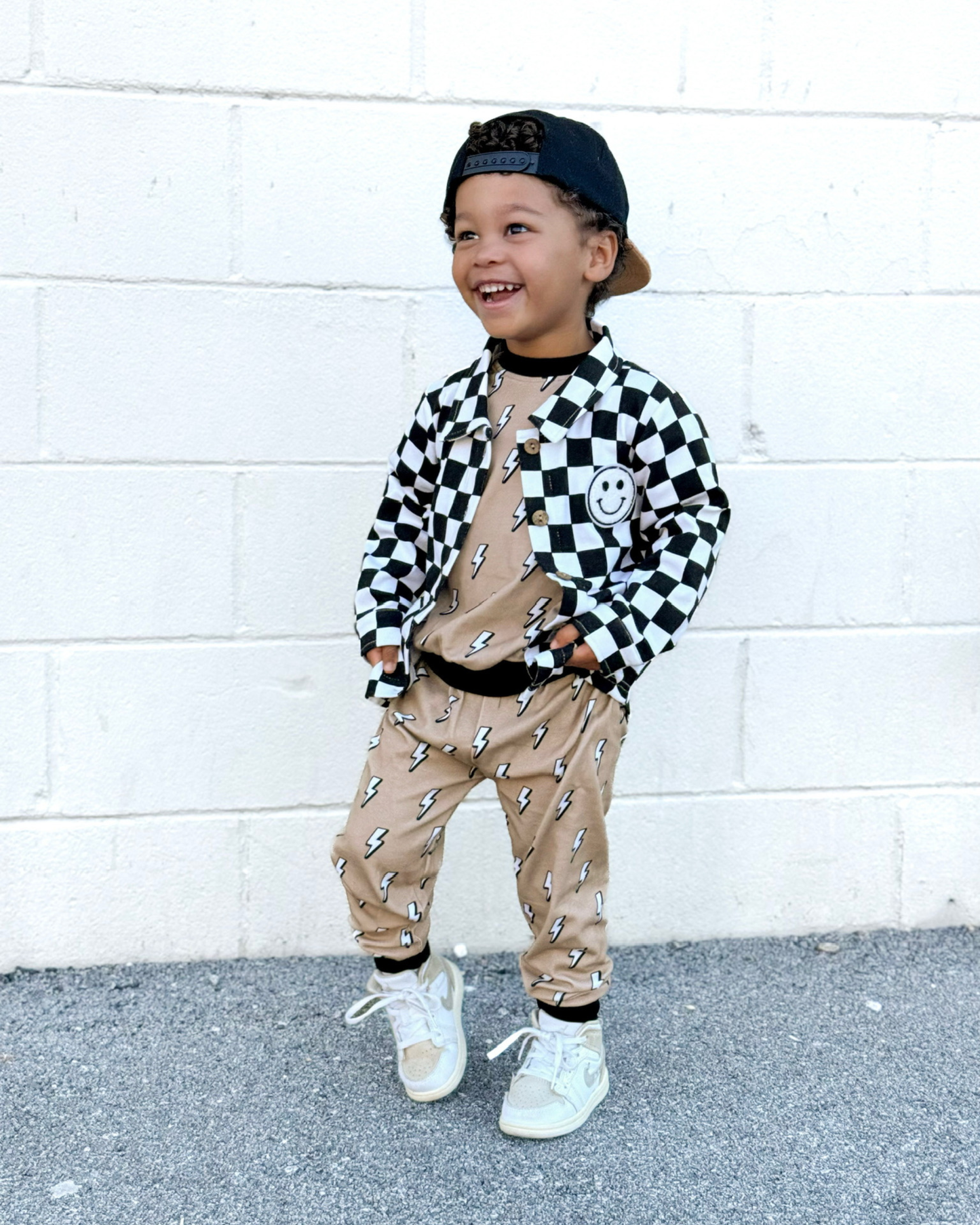 Baby & Kids Cotton Shacket| Smiley Checkered Black