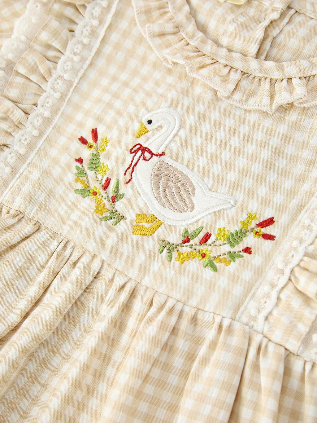 Baby Girls Goose Embroidered Beige Plaid Ruffle Bloomer Set