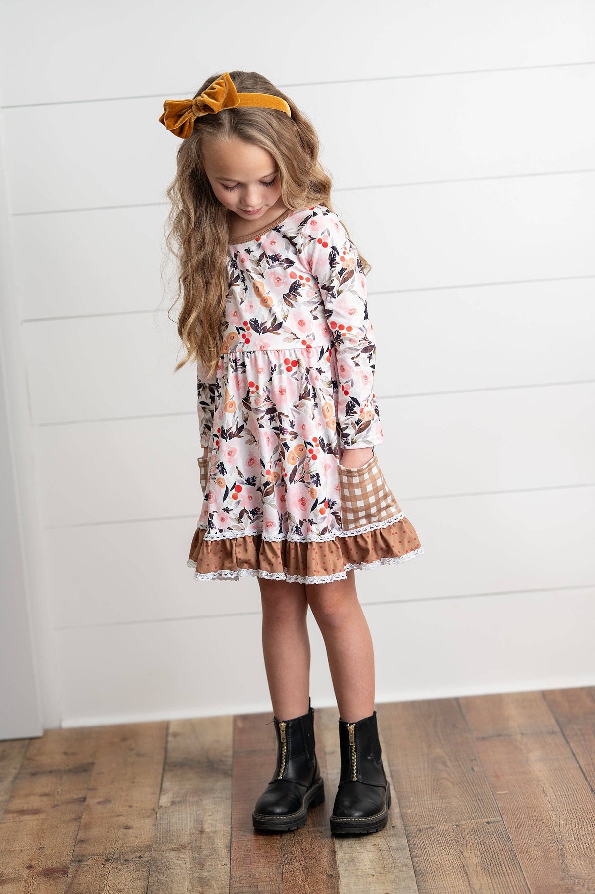 Girls Brown Check Pocket Fall Floral Dress With Cross Back