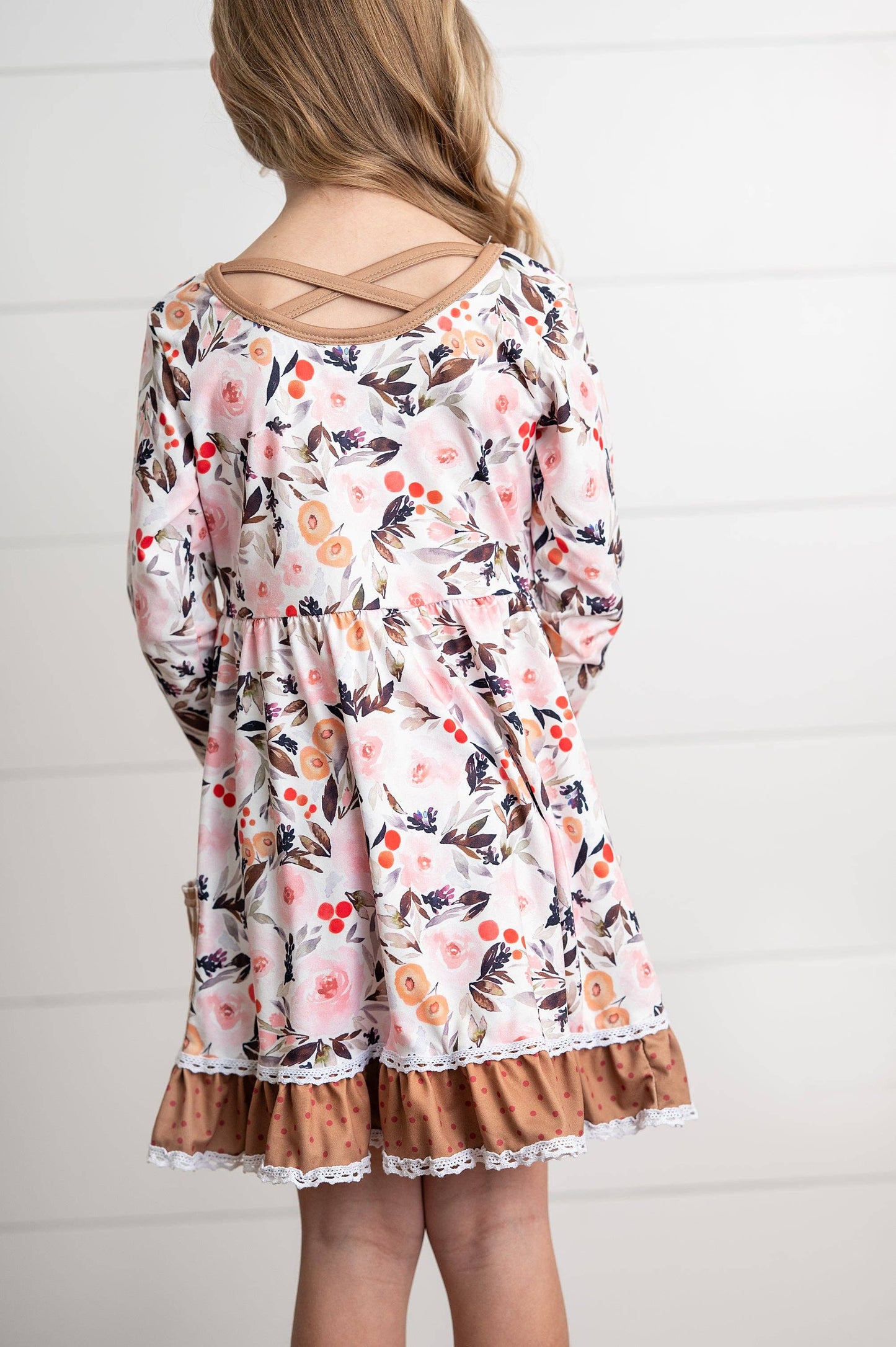 Girls Brown Check Pocket Fall Floral Dress With Cross Back