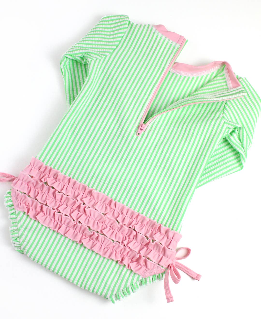 Baby Girls Spring Green Seersucker Long Sleeve One Piece Rash Guard Swimsuit with Signature Rear Ruffles