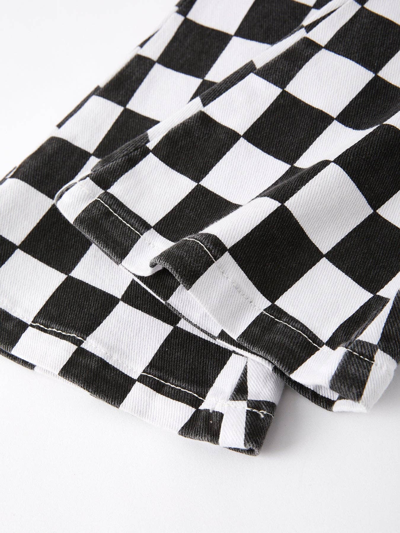 Girls Black and White Check Print Elastic Flared Jeans