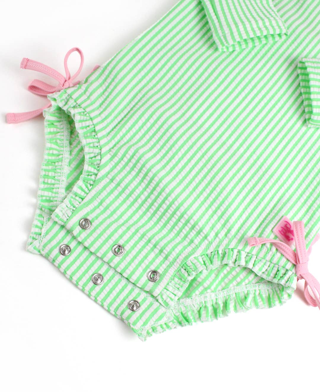 Baby Girls Spring Green Seersucker Long Sleeve One Piece Rash Guard Swimsuit with Signature Rear Ruffles