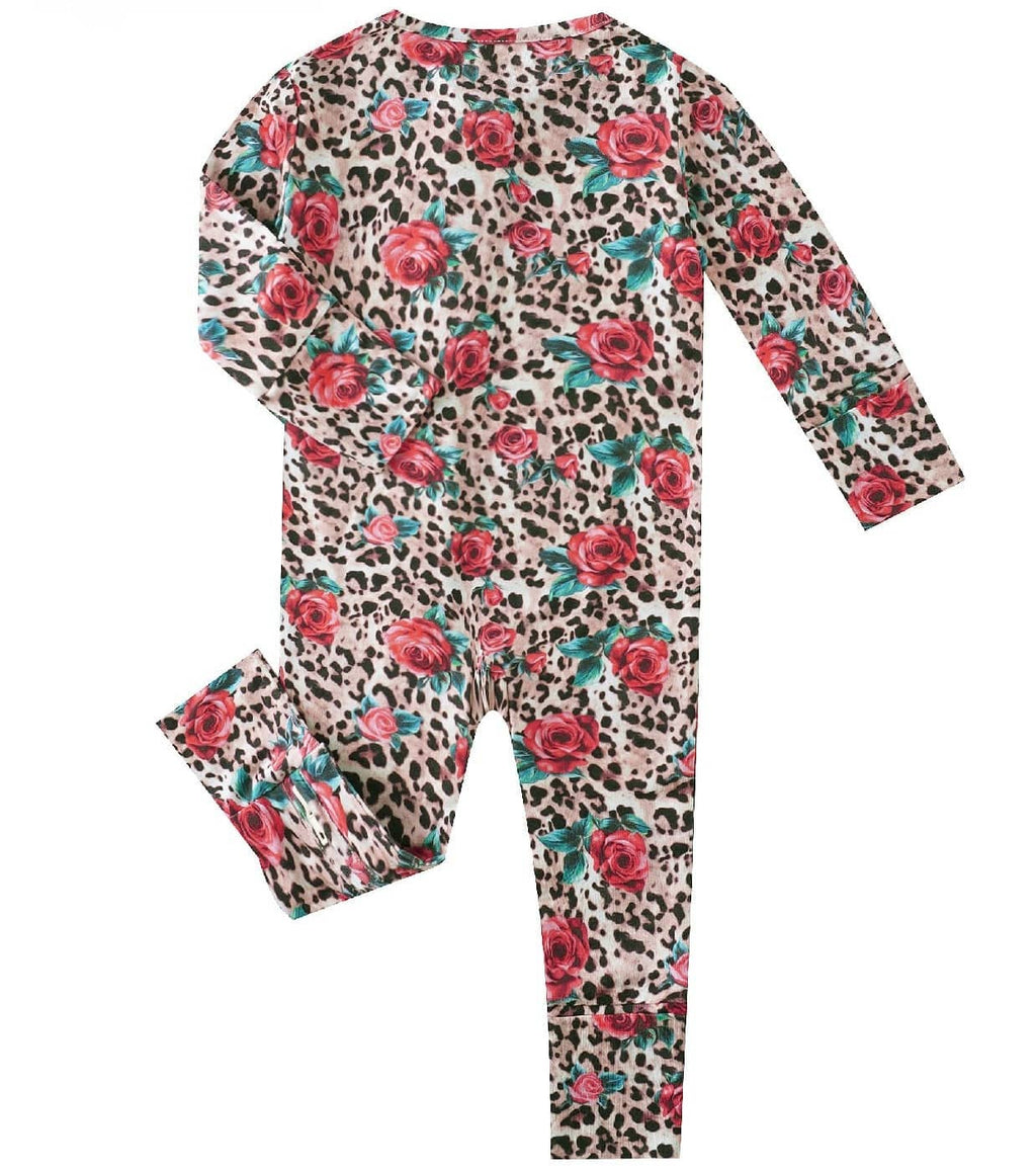 PoshTOT Leopard Rose Bamboo Baby Convertible Zippy Romper
