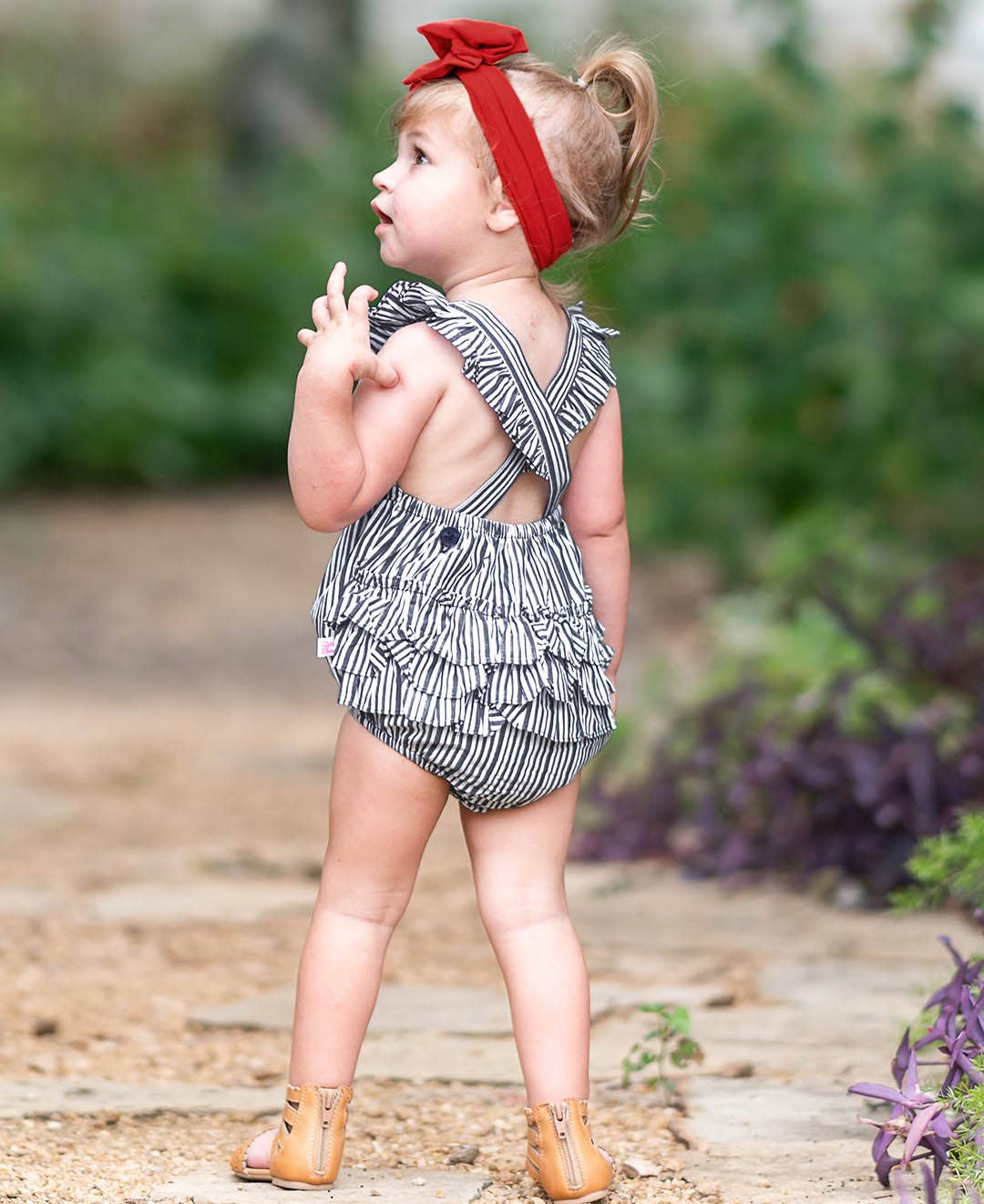 Baby Girls Dark Navy Micro Stripe Pinafore Cross-Back Woven Romper