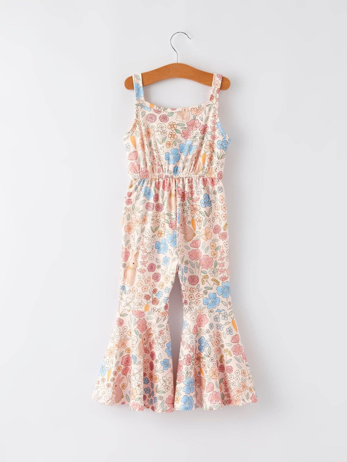 Easter Bunny Floral Print Girls Sling Flared Jumpsuit
