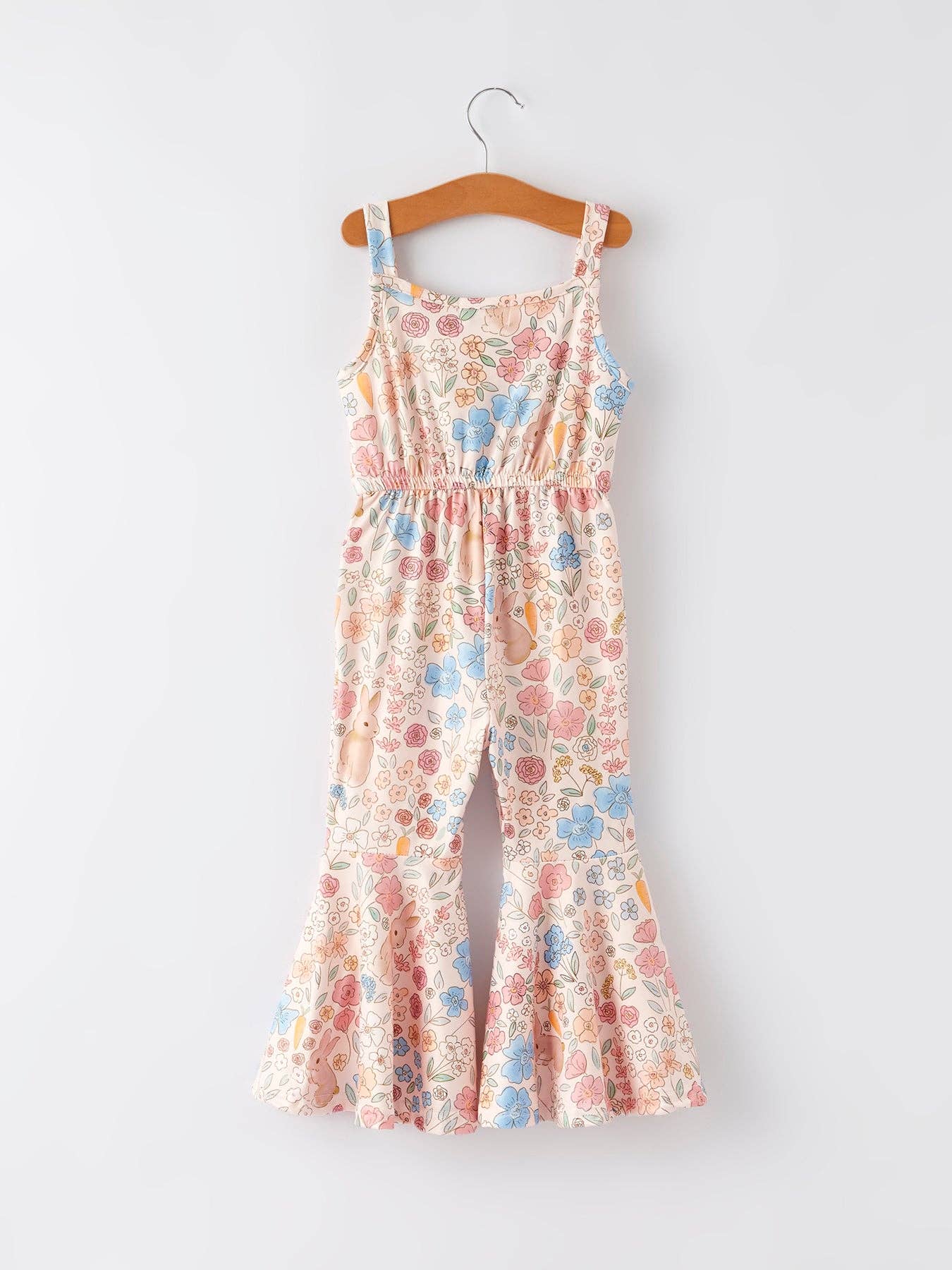 Easter Bunny Floral Print Girls Sling Flared Jumpsuit
