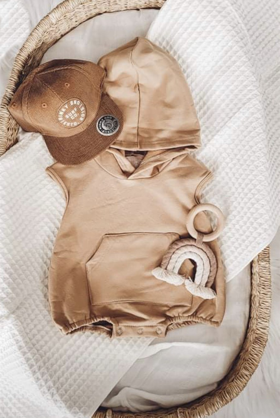 CLEARANCE Boys Bubble Romper Hooded Pocket - Solid Caramel