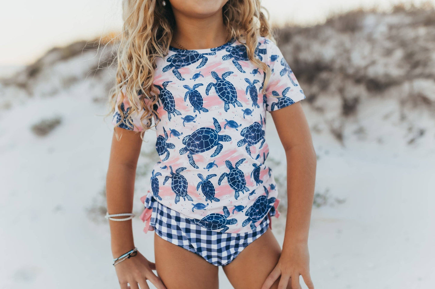 Kids Navy & Pink Sea Turtle Rash Guard Ruffle Swimsuit