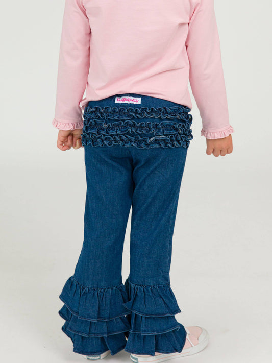 Toddler Girls Medium Wash Denim Ruffle Flare Pants with Signature Rear Ruffles