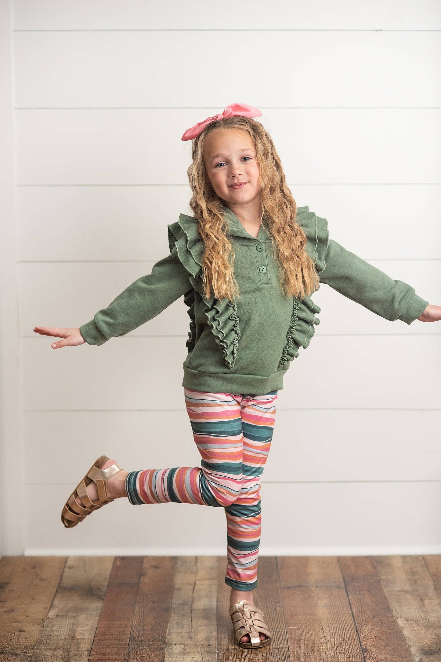 Kids Sage Double Ruffle Button Hoodie & Stripe Leggings Set
