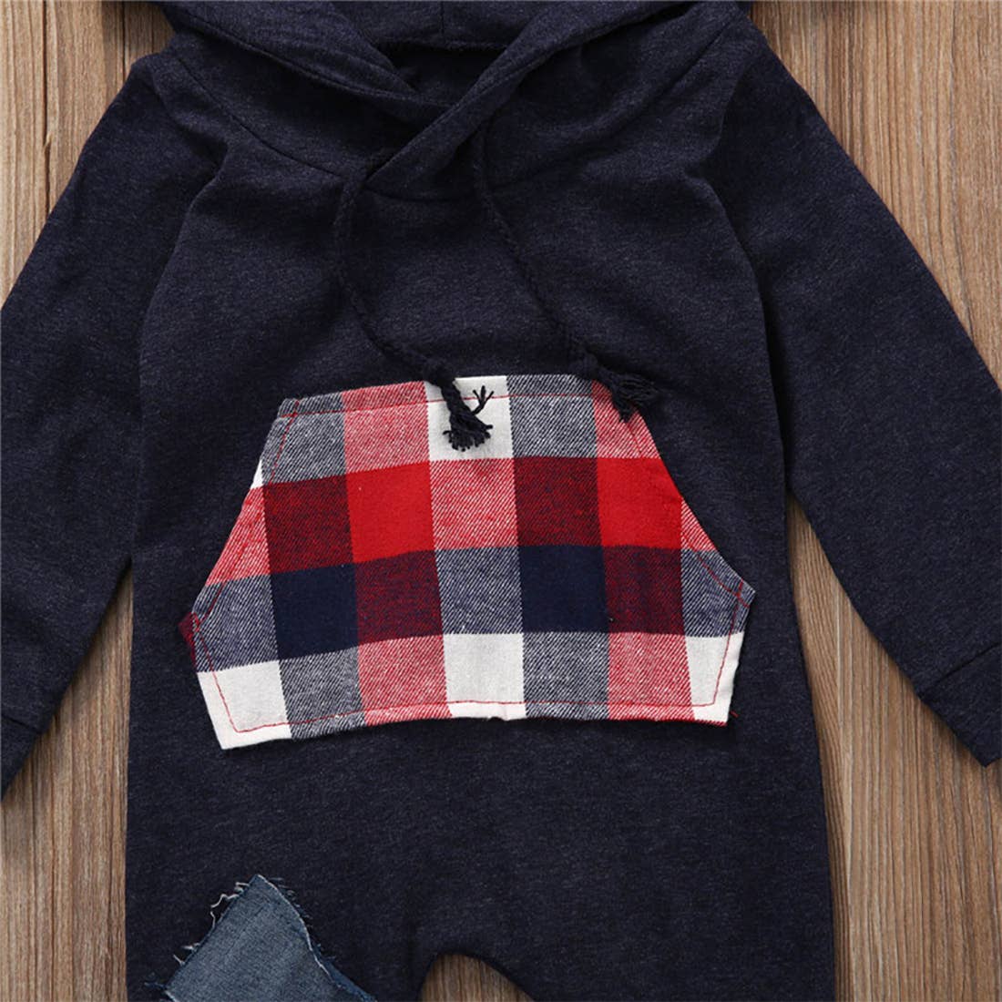 Navy Plaid Front Pocket Baby Hooded Romper