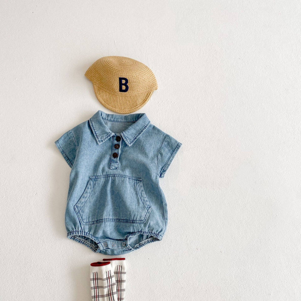 Baby Boy Denim Romper Short Sleeve Polo Bodysuit