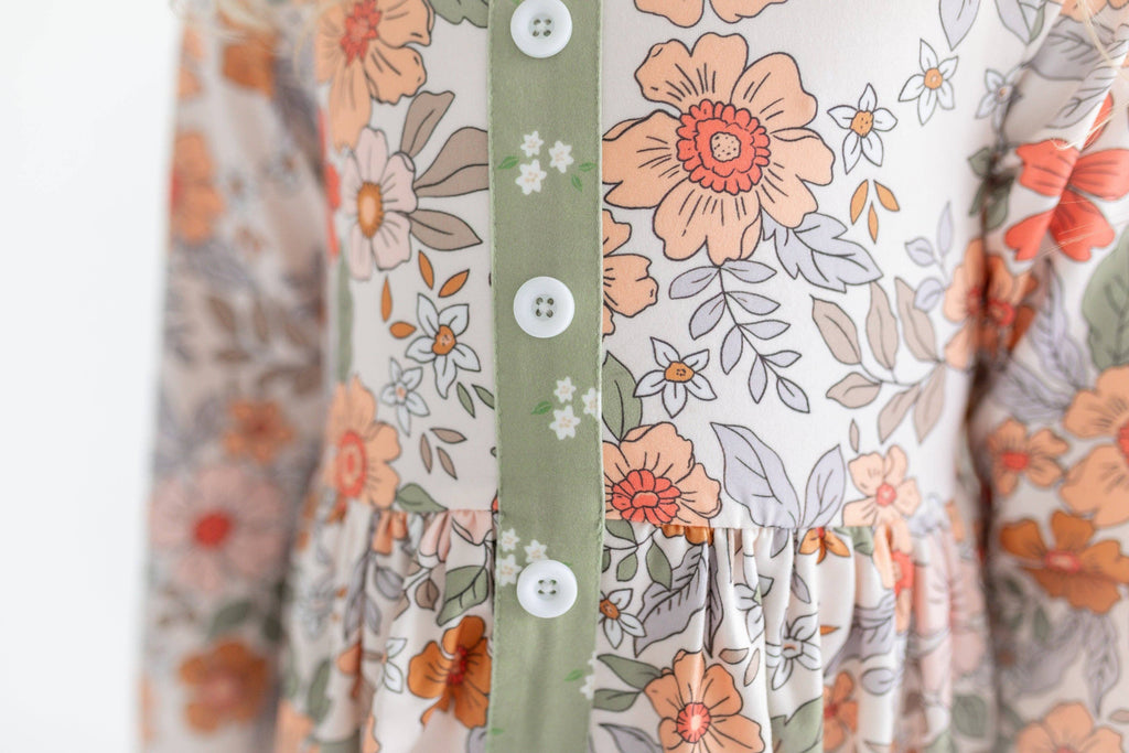 Kids Sage & Rust Fall Floral Button Dress With Pockets