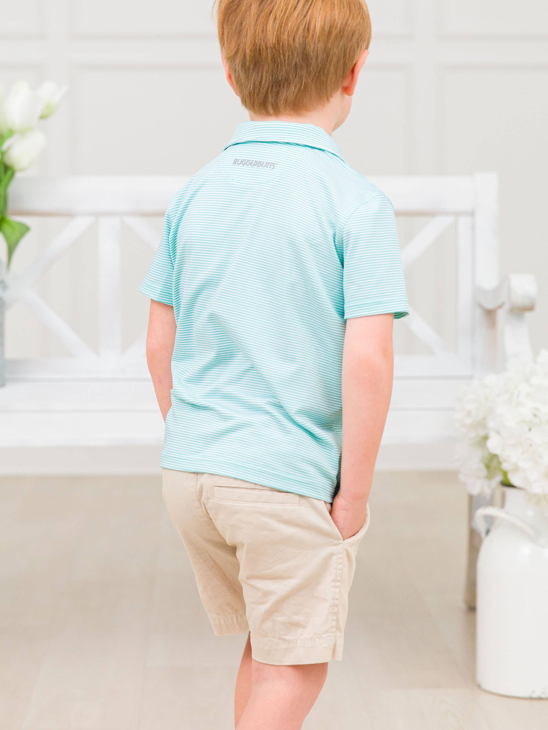 Boys Marine Green Micro Stripe Knit Short Sleeve Performance Polo
