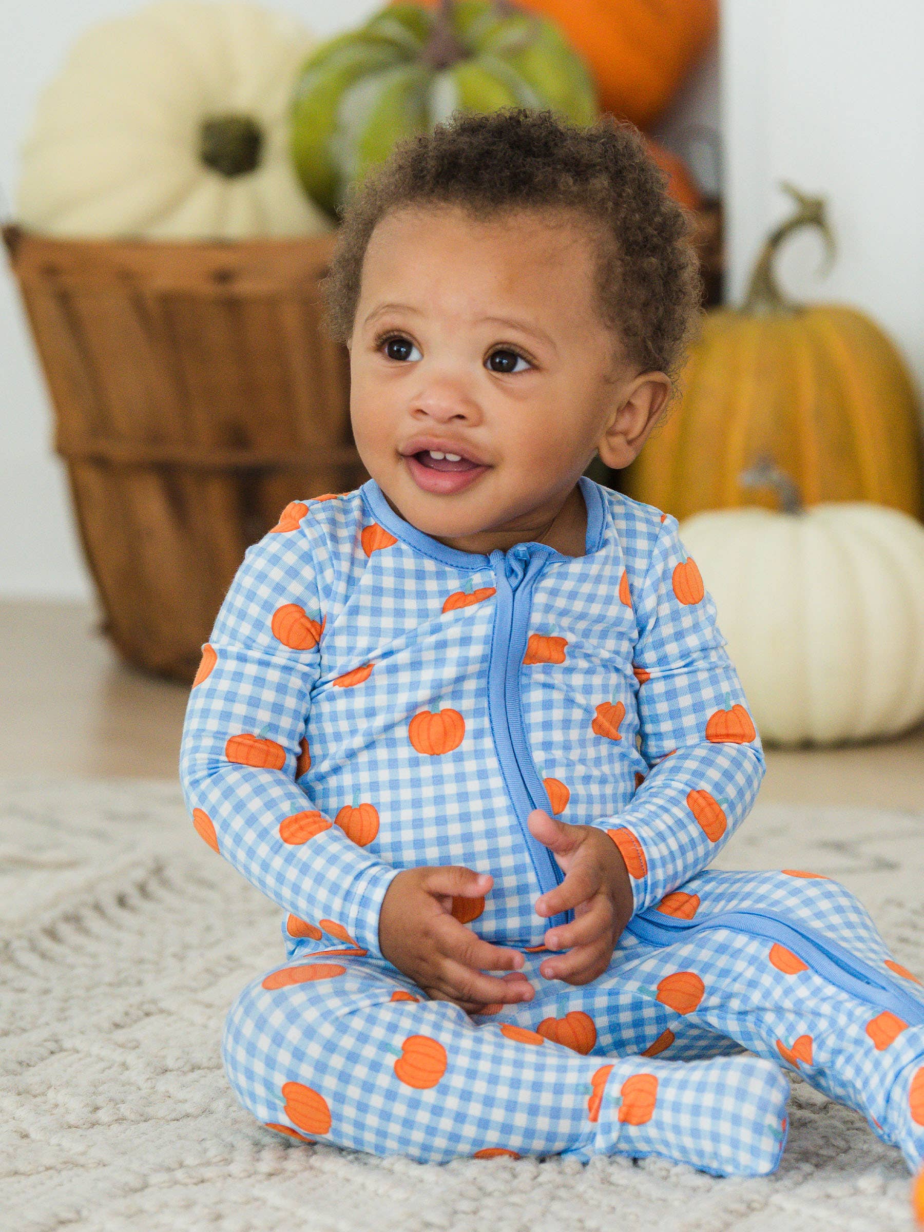 SoftSnooze™ Baby Bamboo Viscose Pumpkin Patch Gingham Footed One Piece Pajama