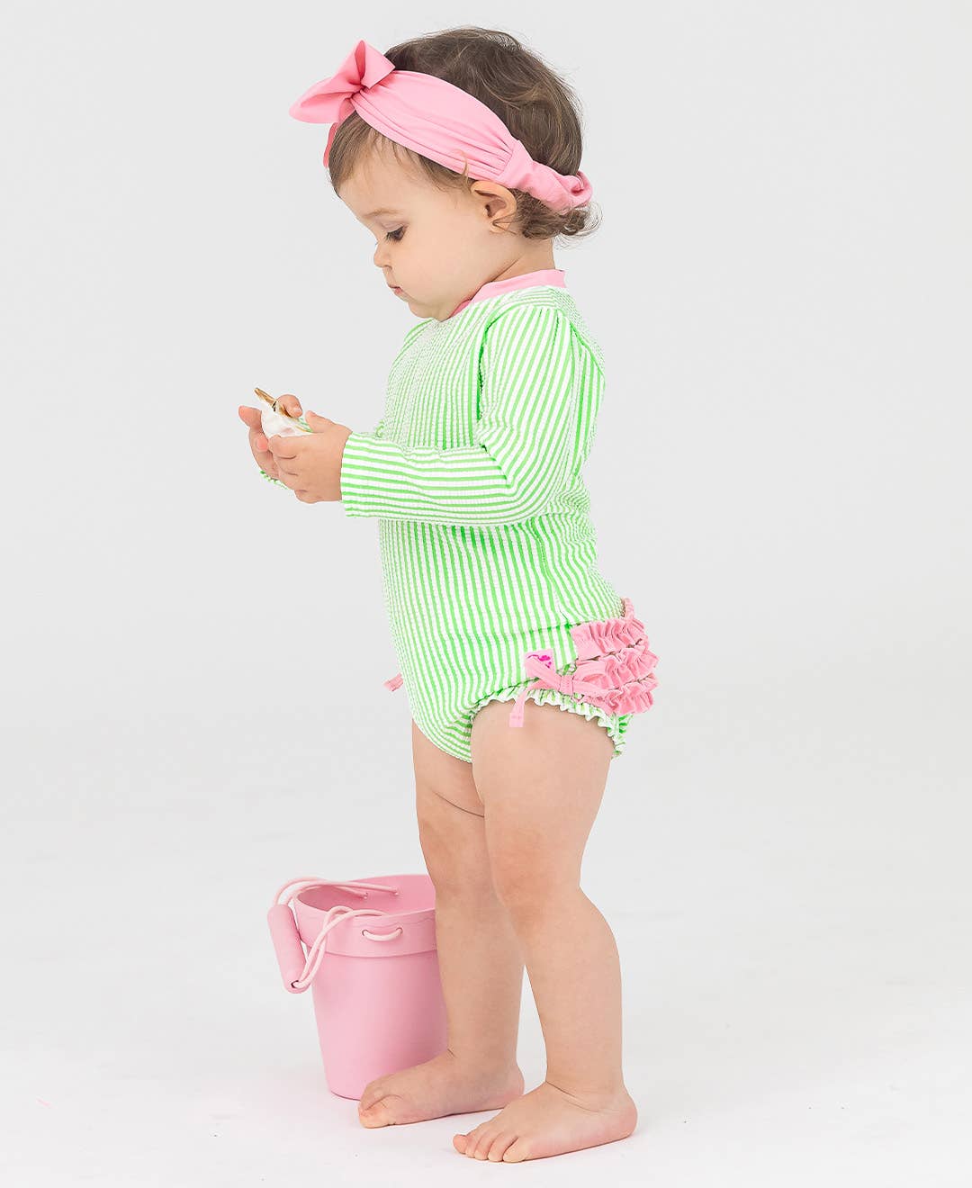 Baby Girls Spring Green Seersucker Long Sleeve One Piece Rash Guard Swimsuit with Signature Rear Ruffles