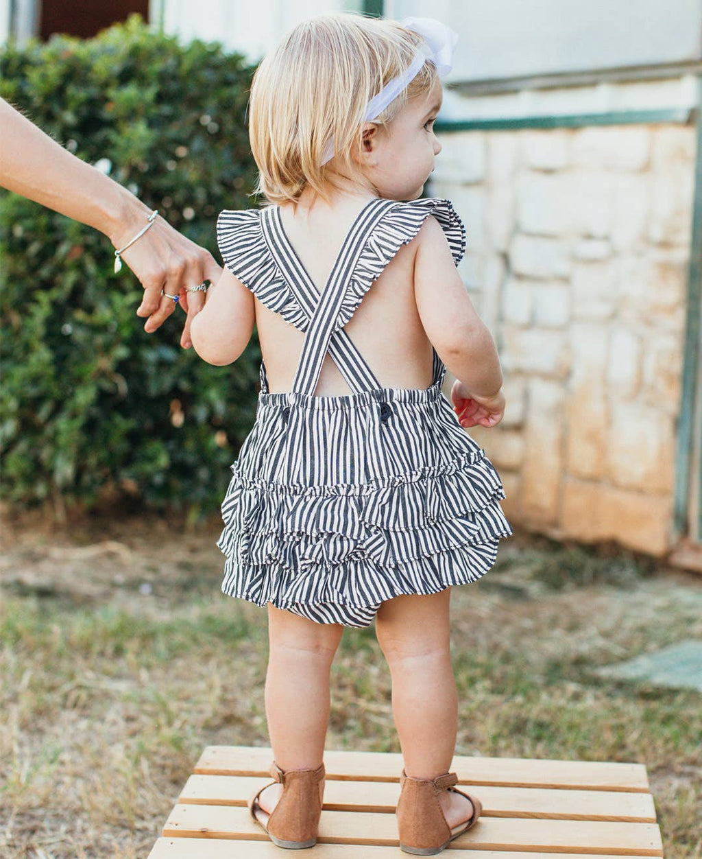 Baby Girls Dark Navy Micro Stripe Pinafore Cross-Back Woven Romper