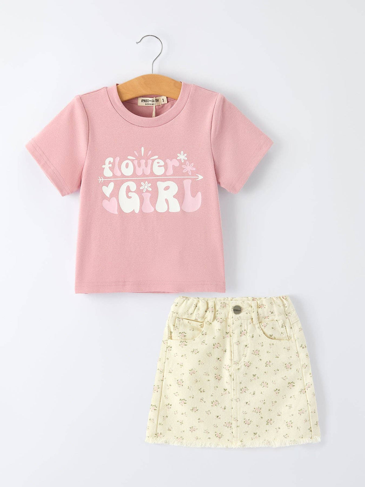Flower Letter Girl Short Sleeve Top Denim Skirt Set