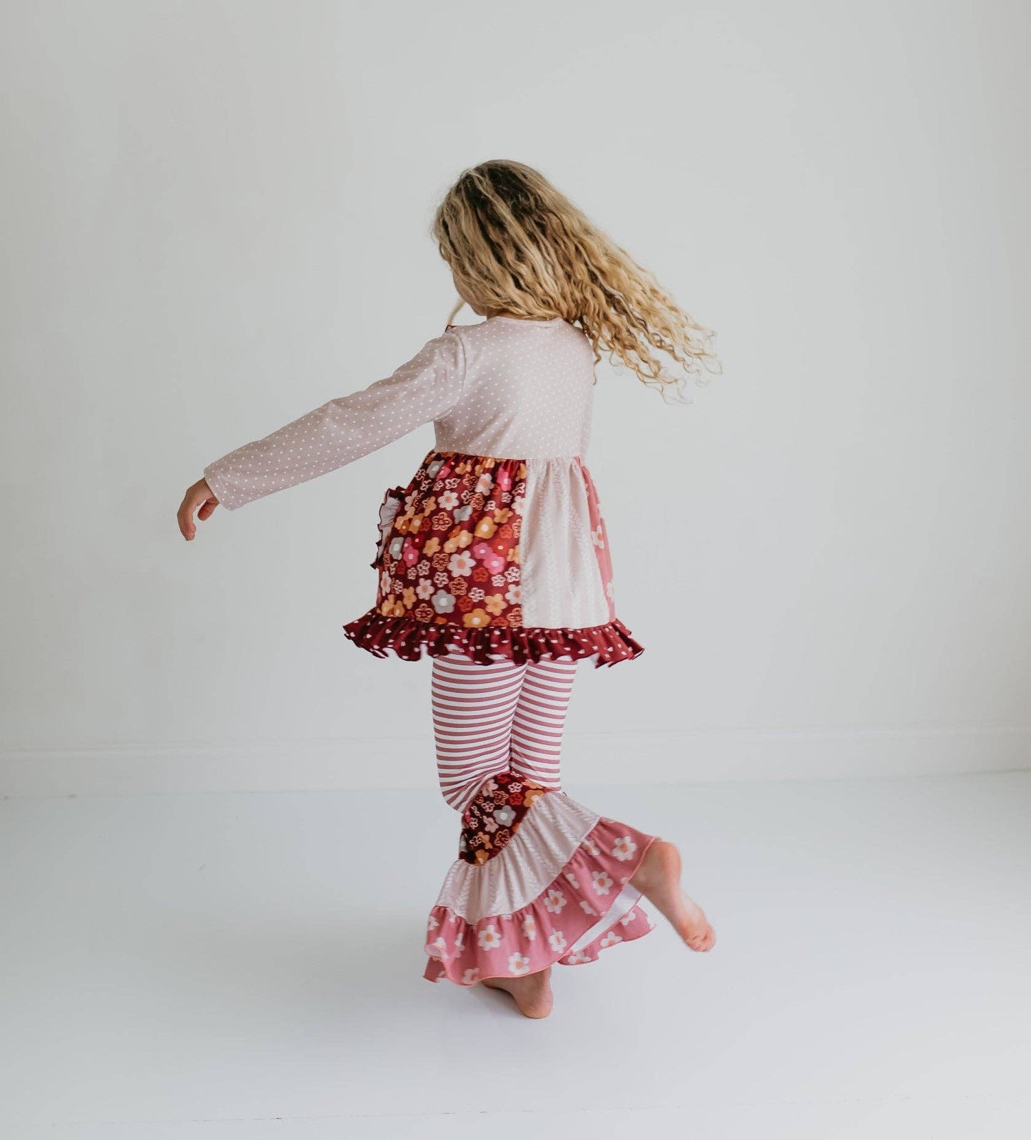 Kids Beige Heart Floral Pocket Bell Bottom Ruffle Pant Set