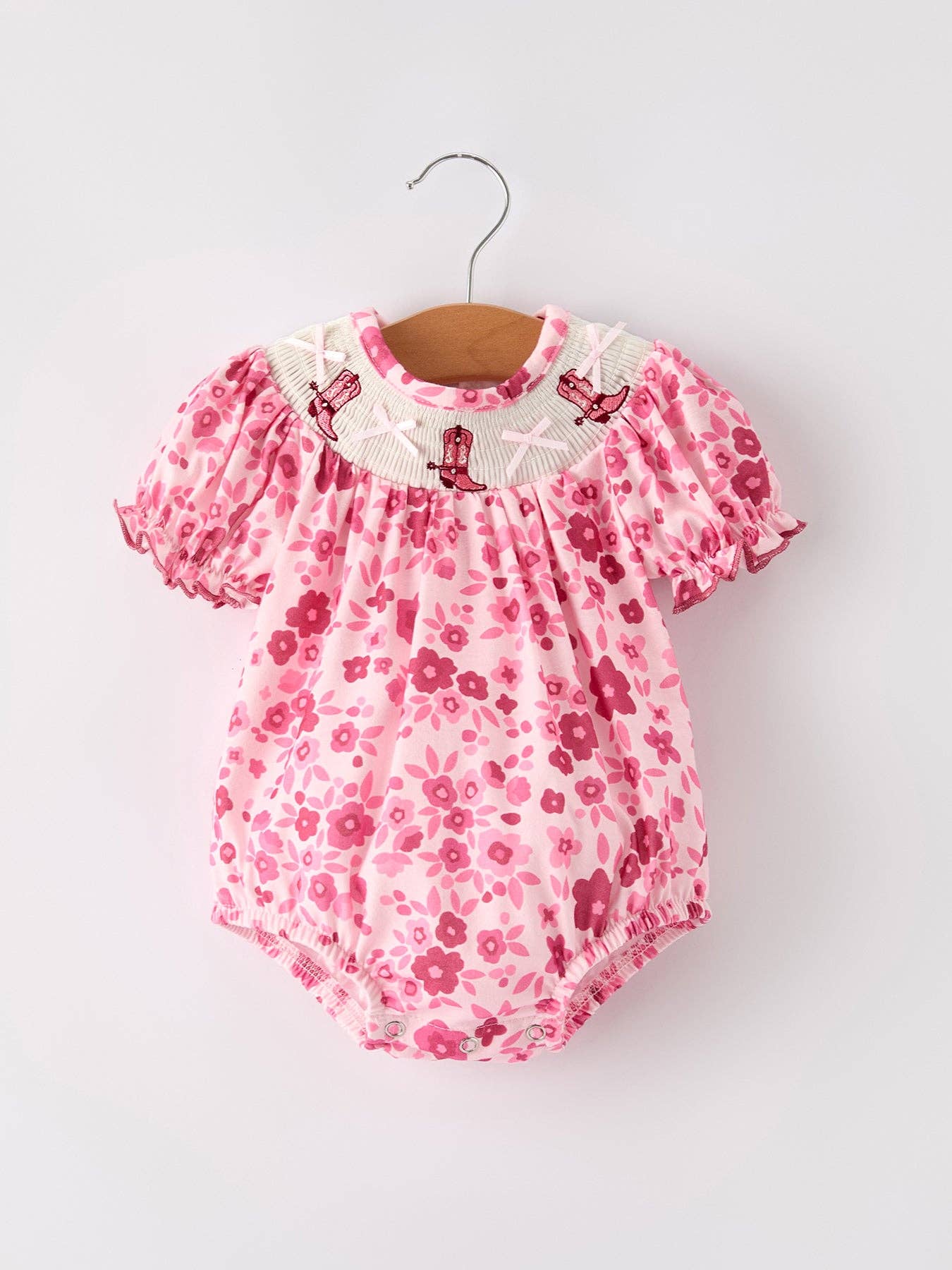 Boots Smocking Embroidered Short Sleeve Floral Baby Girl Romper