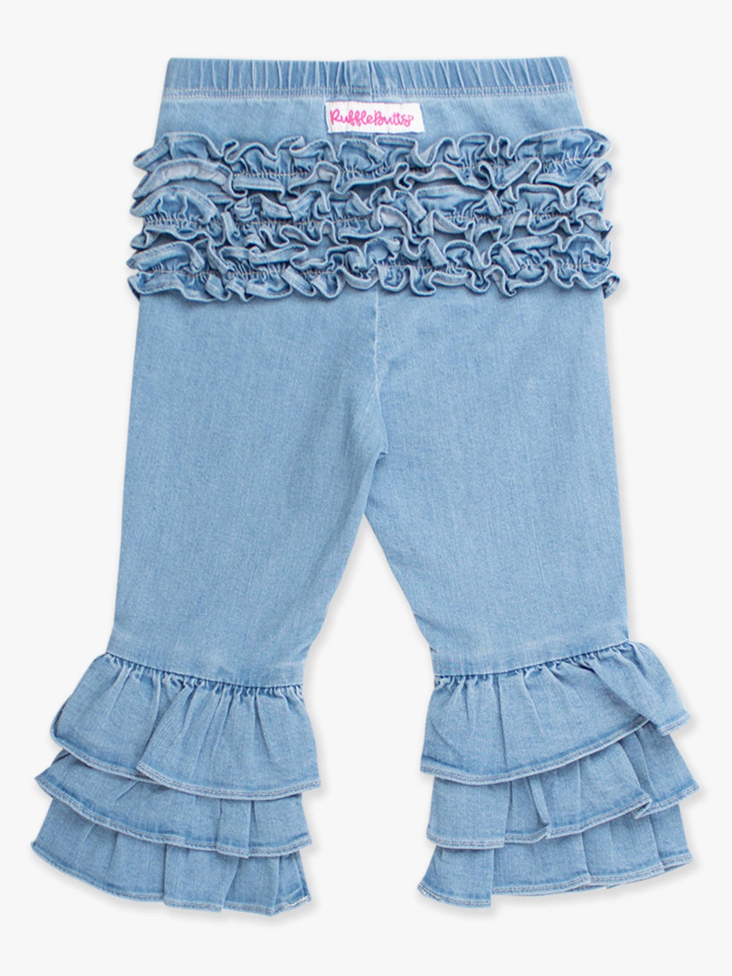Toddler Girls Light Wash Denim Ruffle Flare Pants with Signature Rear Ruffles