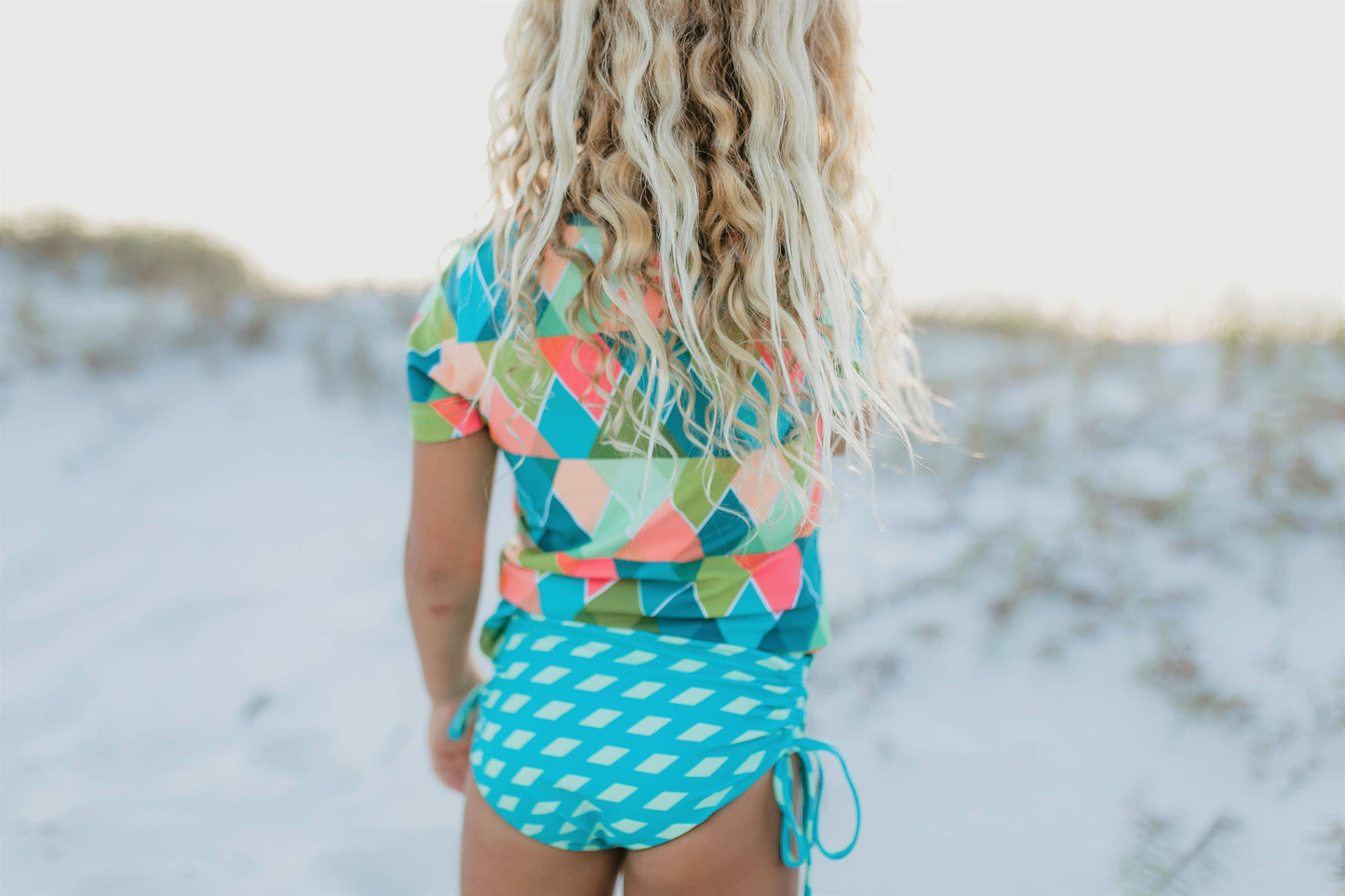 Kids Teal Peach Diamond Rash Guard Swimsuit