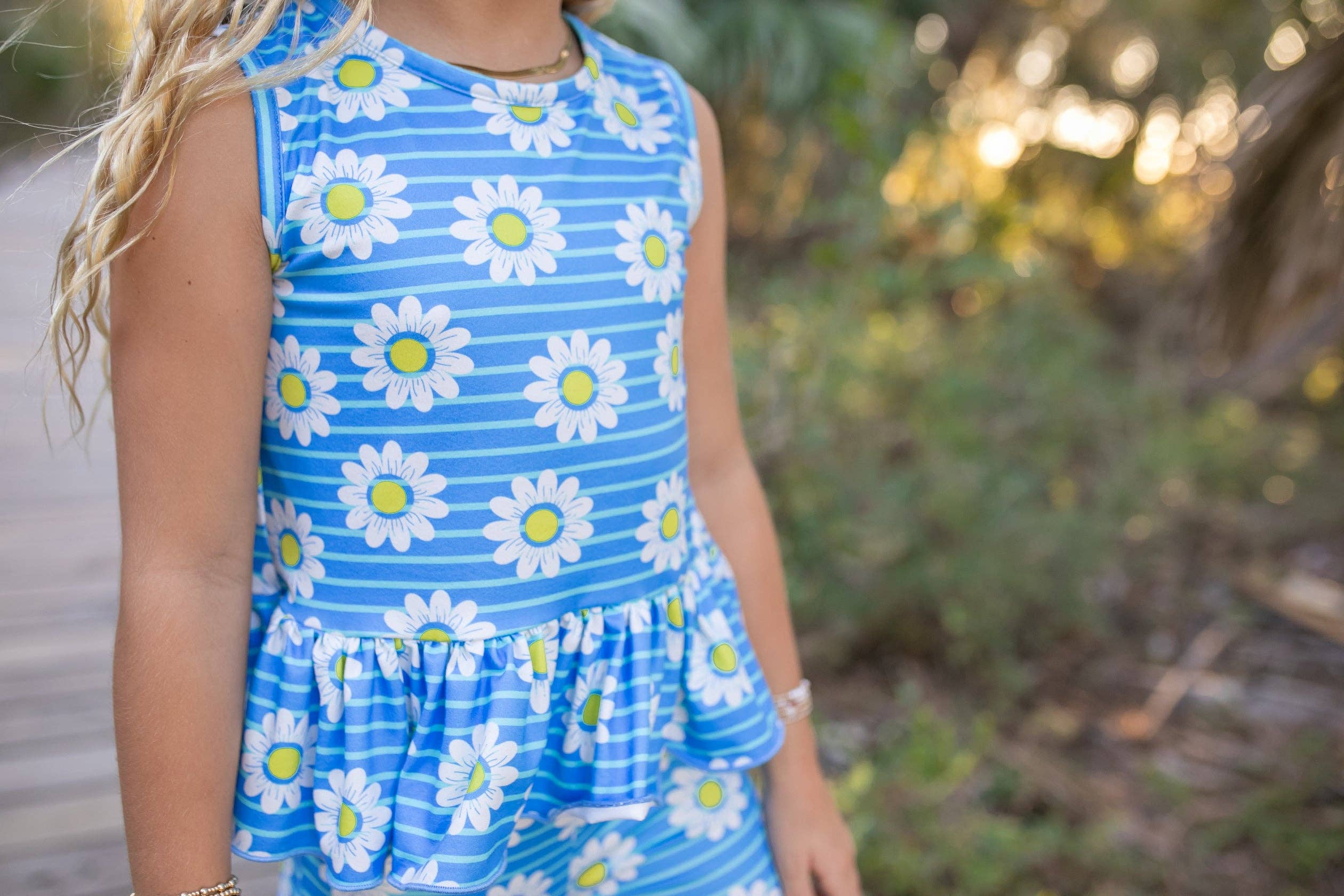 Girls Blue Striped Daisy Spring Summer Pant Set