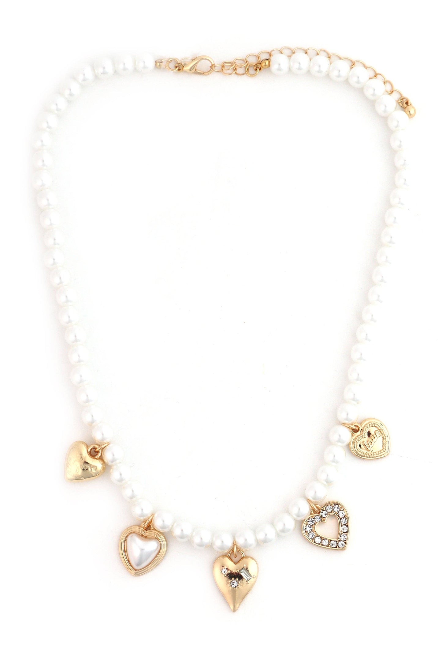 Pearl Beaded with Heart Charms 16"-18" Necklace