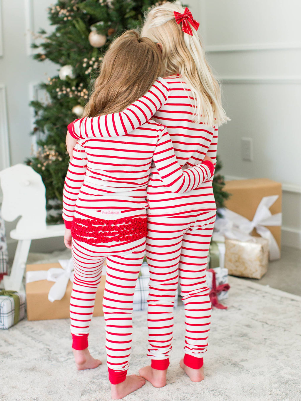 SoftSnooze™ Girls Cotton Modal Red & White Stripe Ruffle Long Sleeve Pajama Set