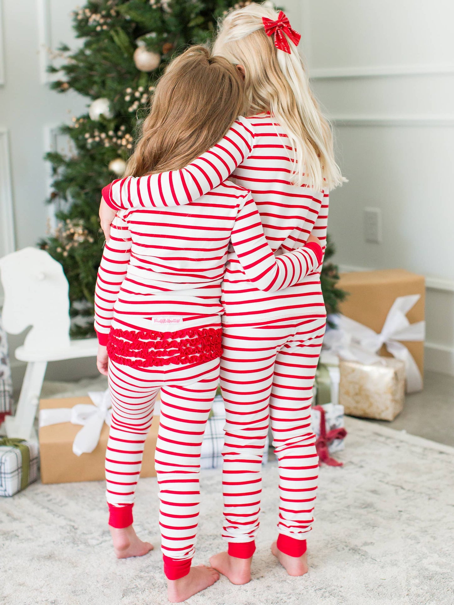 SoftSnooze™ Girls Cotton Modal Red & White Stripe Ruffle Long Sleeve Pajama Set