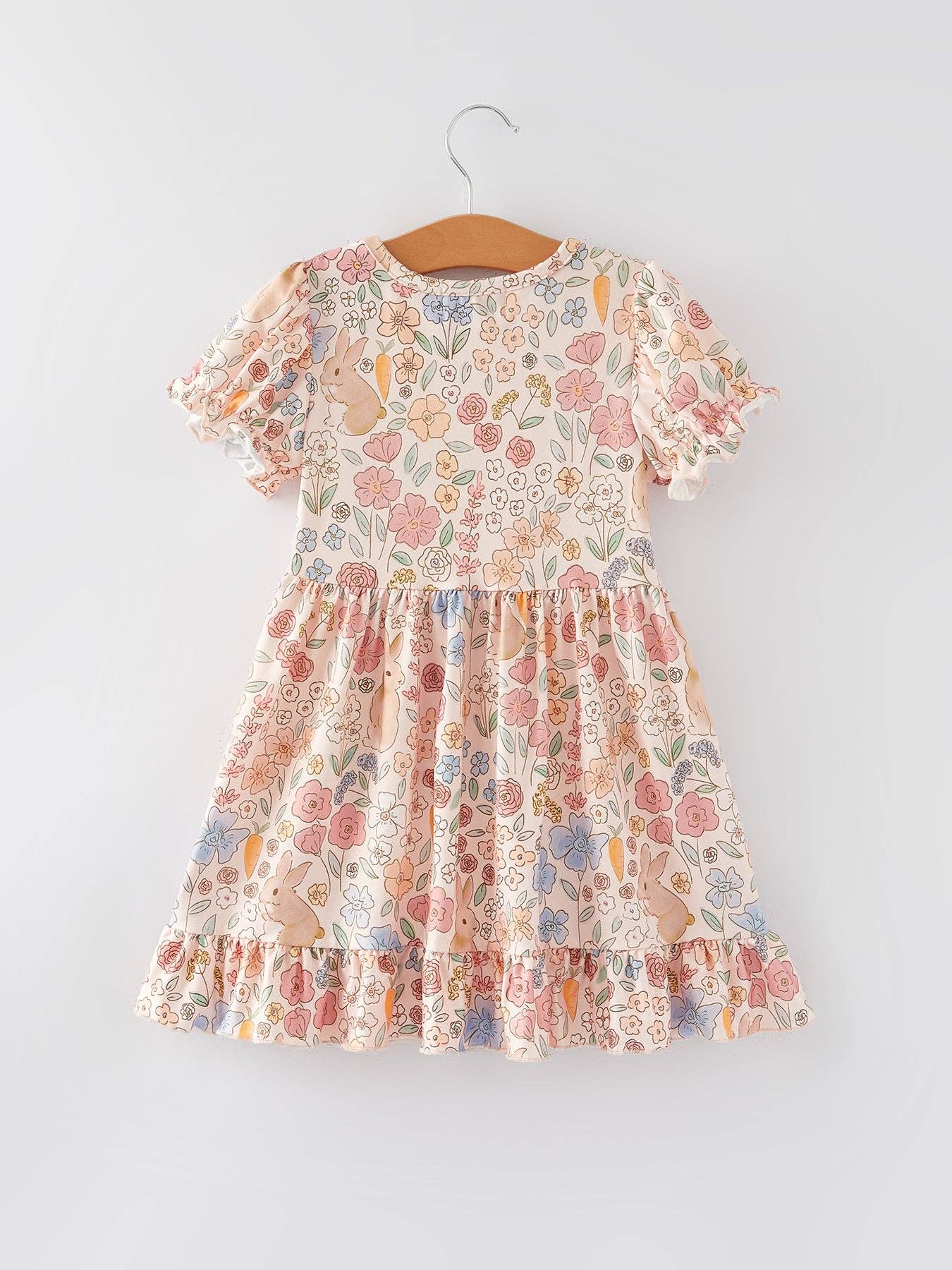 Easter Bunny Floral Puff Sleeves Girls Dress