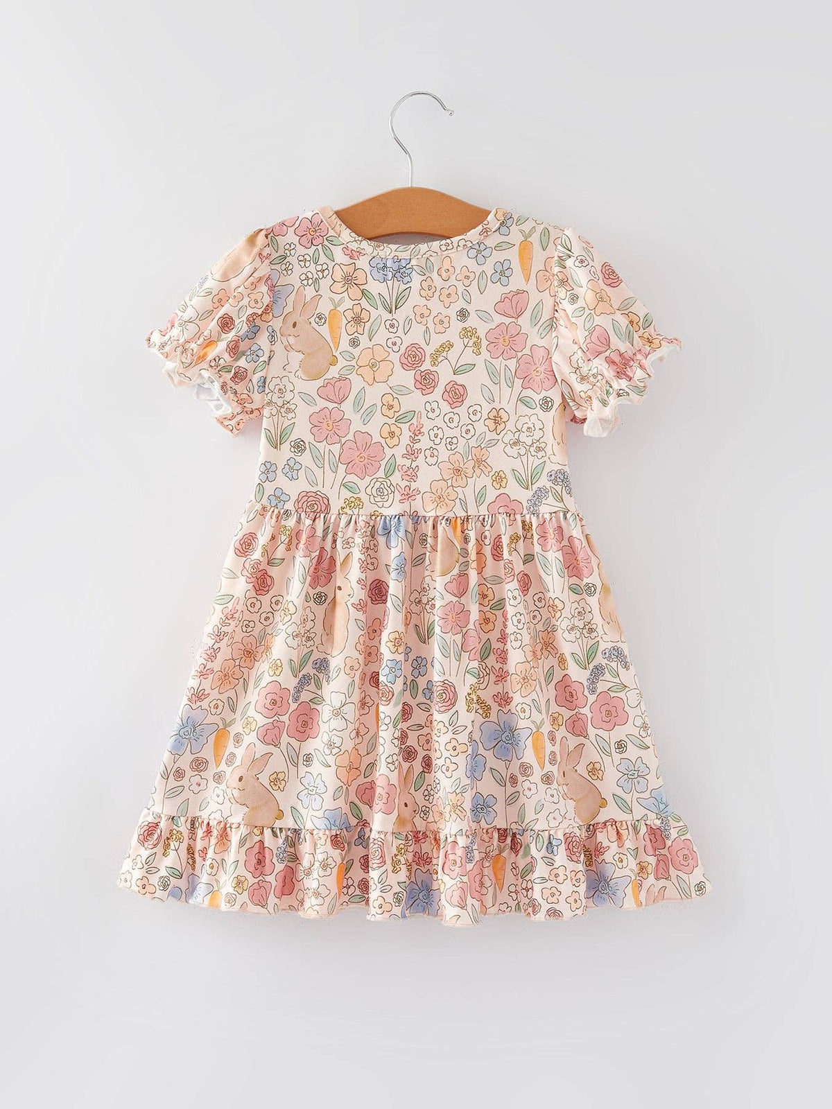 Easter Bunny Floral Puff Sleeves Girls Dress