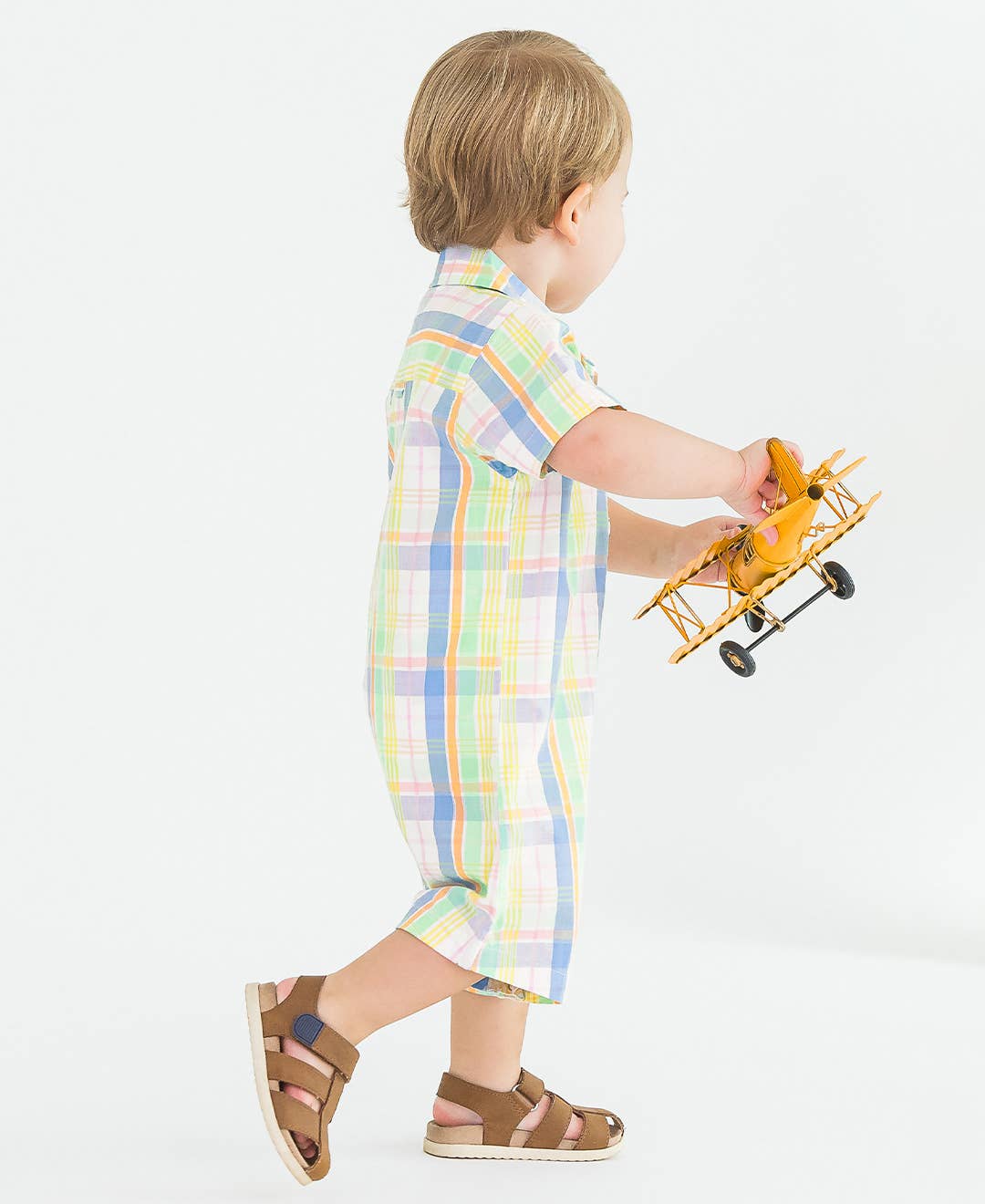 Baby Boys Clubhouse Rainbow Plaid Short Sleeve Woven Button-Up Romper