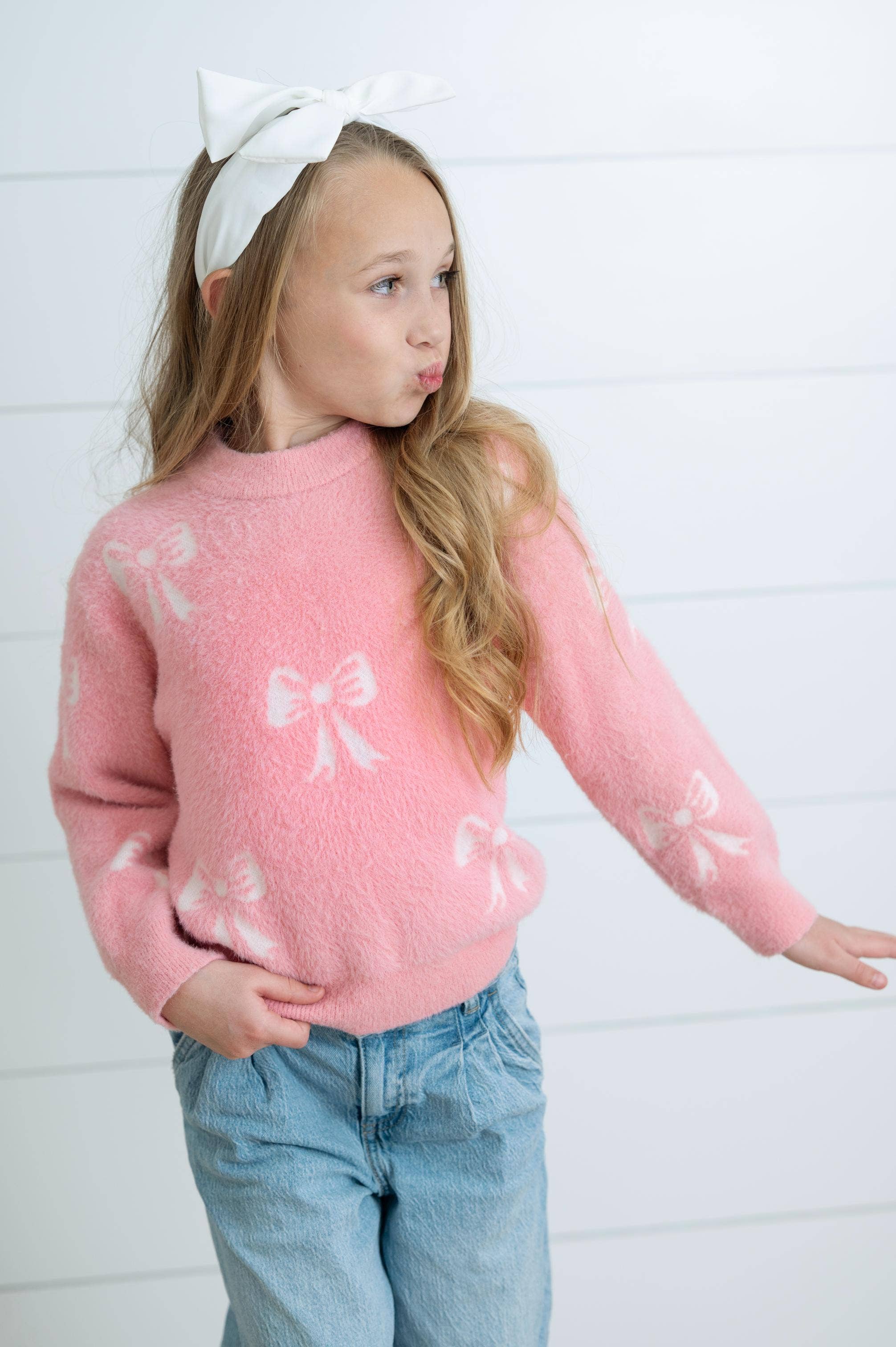 Girls Fall Winter Pink and White Bow Sweater